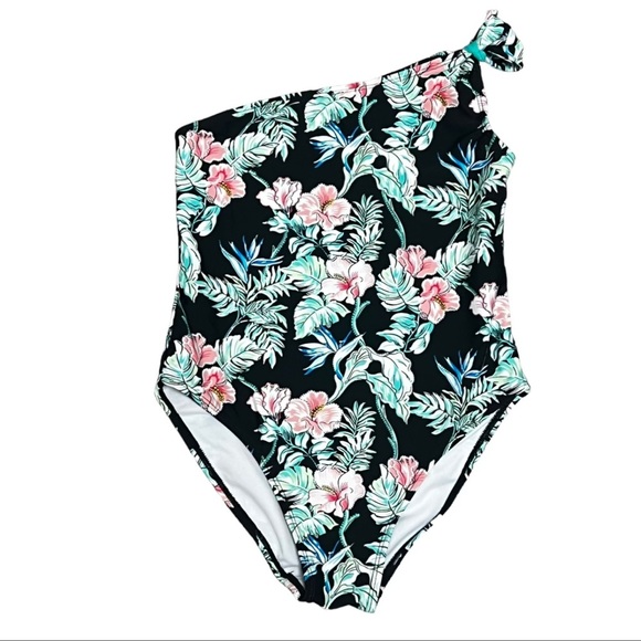 Tommy Bahama Other - Tommy Bahama One-Piece Swimsuit Girls Size 12 One Shoulder Black Hibiscus Blooms